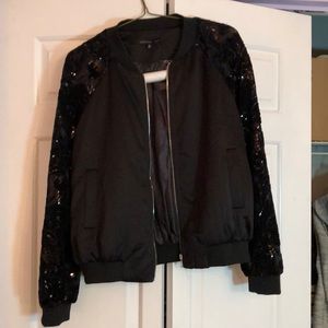 silky bomber jacket with sequin detailed sleeves.